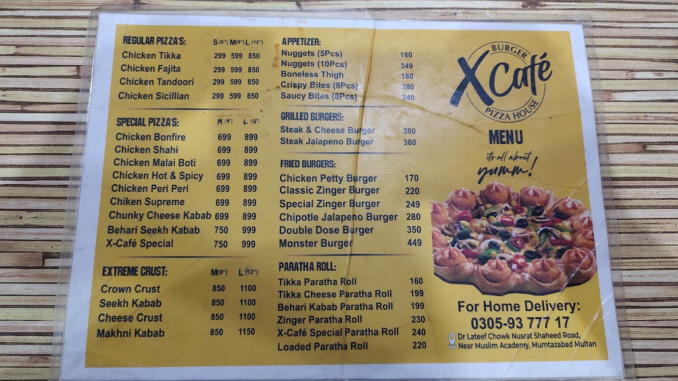 X Cafe Multan Menu