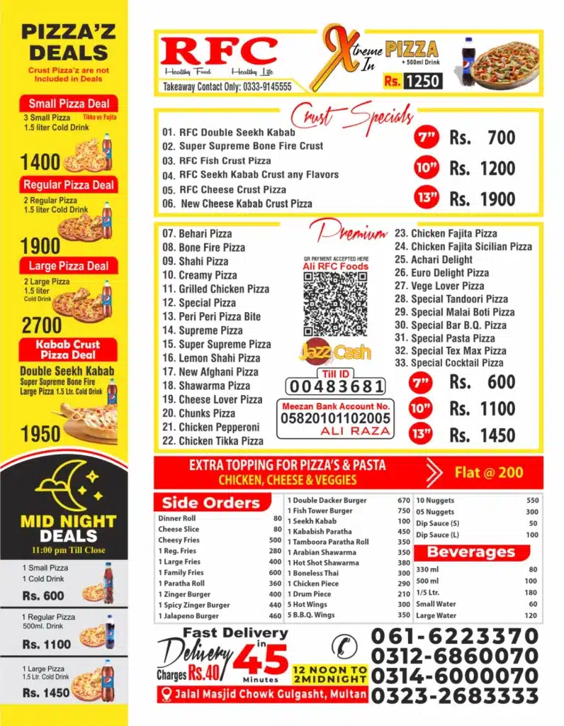 RFC Multan Menu card